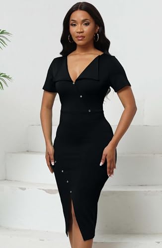 Image of Fooullaide Women's Sexy Bodycon Mid Dress Stretch Short Sleeve V Neck Cocktail Party Dresses