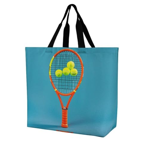 Fashionable Reusable Women's Shoulder Tote Bag Funny Tennis Racquets And Tennis Balls Printed with Unique Heat Transfer Print, Eco-Friendly Durable Polyester for Grocery, Travel & Gifts