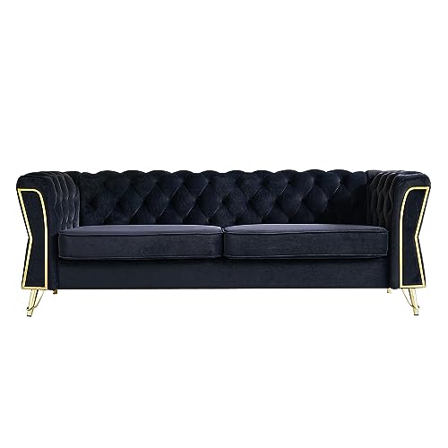 Image of KEIKI 87 inch Chesterfield Velvet Button Tufted Sofa with High Density Foam Cushions, Modern 3-Seater Couch with Gold Strip Trim Decoration, Easy Assembly, for Apartment, Living Room, Office, Black