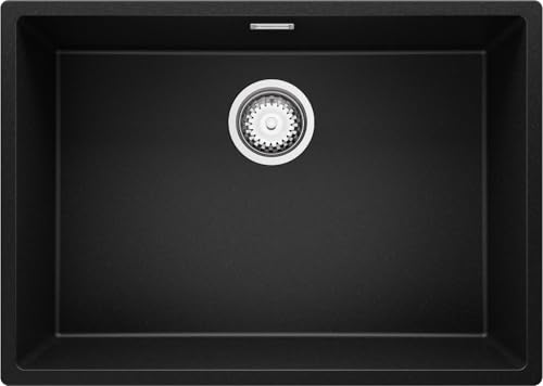 PRIMAGRAN Evier Sous Plan Noir 66x47cm, Evier en Granit 1 bac + Kit de Vidage, Évier al mueble 70cm - London S387