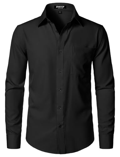 JEMITOP Men's Stretch Regular Fit Long Sleeve Dress Shirts Formal Wedding Prom Business Casual Button Down Up Shirts with Pocket Black L - Image 3