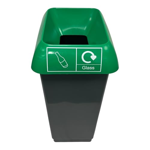Chabrias Ltd 50 Litre Recycling Bin with Green Lid for Glass Waste, Durable Plastic Waste Bin with Open Top, Glass Recycling Logo Sticker Included, Ideal for Home, Office & Canteen