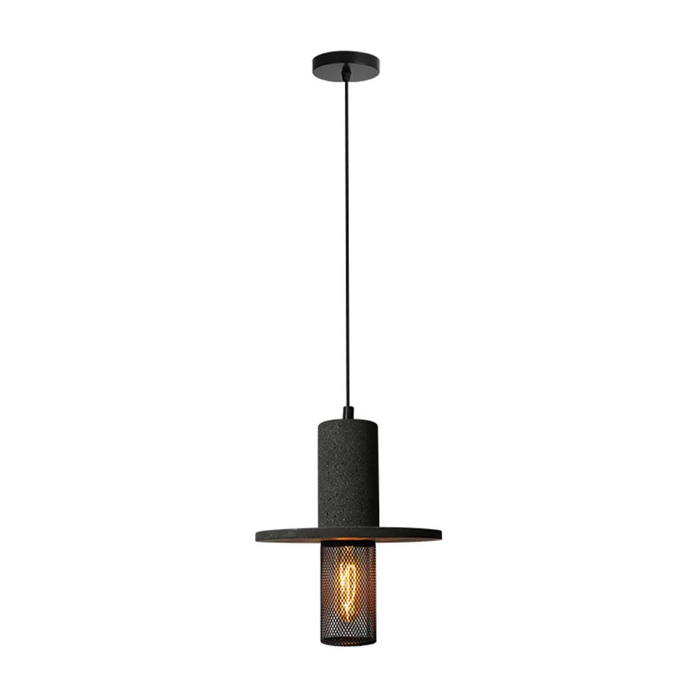 Lámpara colgante industrial de cemento negro con diseño arquitectónico de malla