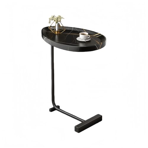 KUBERAS小サイドテーブルC字デザイン木目調カフェ風ミニ/コーヒーテーブル軽量安定+落下防止デザインリビングルーム寝室小空間適用小物置き専用です (黒大理石調凹面,黒色フレーム)