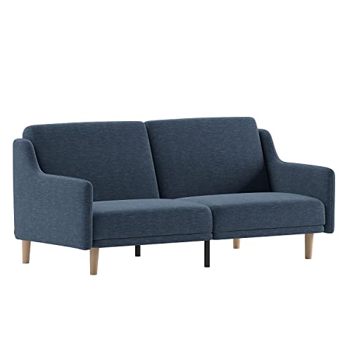 Flash Furniture Delphine Convertible Split Back Sofa Futon - Navy Faux Linen Upholstery - Solid Wood Legs - Curved Armrests - Sleeper Couch For Small Spaces #TOP8