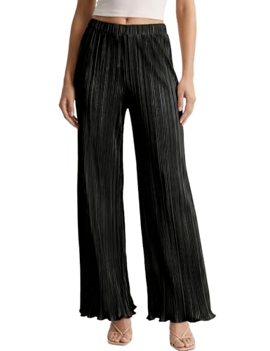 Wyeysyt Womens Flowy Pleated Pants Wide Leg Work Palazzo Pants Business Trousers(Black-L)