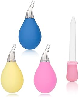 3 Pieces of Baby Nasal Aspirator, Newborn Nostril Cleaner, Silicone Baby Nasal Sucker, Baby Safety Supplies, Reusable (Pink+Yellow+Blue), with 1 Piece of Dropper-Type Feeder