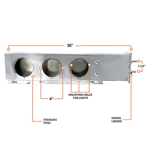 Image of TORQUE Mud Flap Hanger for Semi Trucks 2-1 /2 inch Bolt Spacing 30 inch Stainless Steel, 4 inch Light Cutouts, Lights NOT Included, Spring Loaded, Straight, Right Left Included, (TRMFH309)