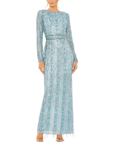 Mac Duggal Womens High Neck Crystal Fringe Column Dress, 8 French Blue