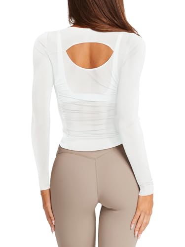 LASLULU Womens Long Sleeve Workout Tops Active Sheer Fitted Open Back Gym Yoga Athletic Running Tops Pilates Outfits3