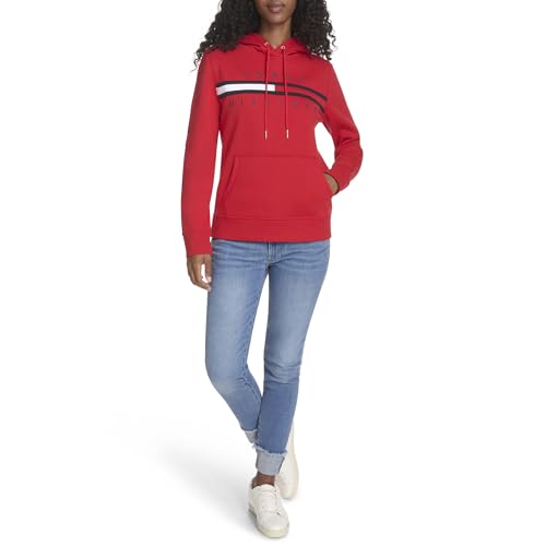 Tommy Hilfiger Women's Sportswear Fleece Logo Pullover Hoodie Sweatshirt, Scarlet, X-Small