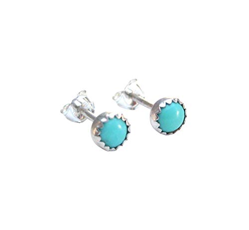Small Turquoise Stud Earrings in 4mm round Sterling Silver Bezel Set