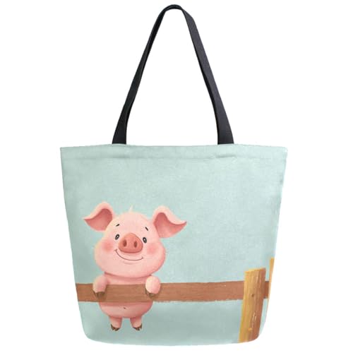 Cute Pig Hanging on Fence Green Extra Large Canvas Gym Shoulder Tote,Durable Daily Reusable Top Handle Bag for Mens Womens Yoga Weekender Picnic Beach Travel Market Shopping