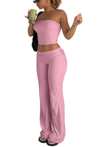 Image of Sexy Women's 2 Piece Lounge Sets Pajama Outfits Casual yoga Crop tube Top High Waist Wide Leg Foldover Flare Pants