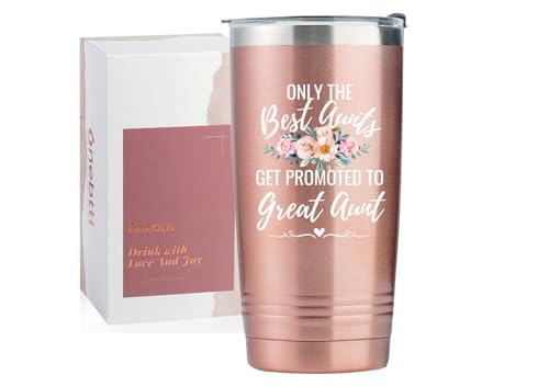 Onebttl Great Aunt Gifts from Niece, Nephew, Insulated Stainless Steel Wine Tumbler with Lid and Straw, Gifts for Auntie, 20 oz, Rose gold, Best Aunts Get Promoted to Great Aunt
