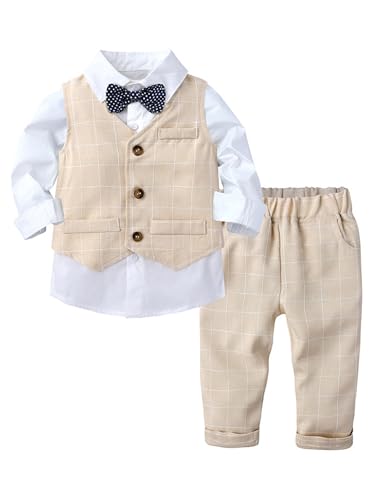 Fldy Jungen Anzug Festlich Langarm Krawatte Hemd Weste Und Lange Hose 3er Set Für Kleinkind Baby Hochzeit Taufe Party Gr. 74-104 Beige 74-80