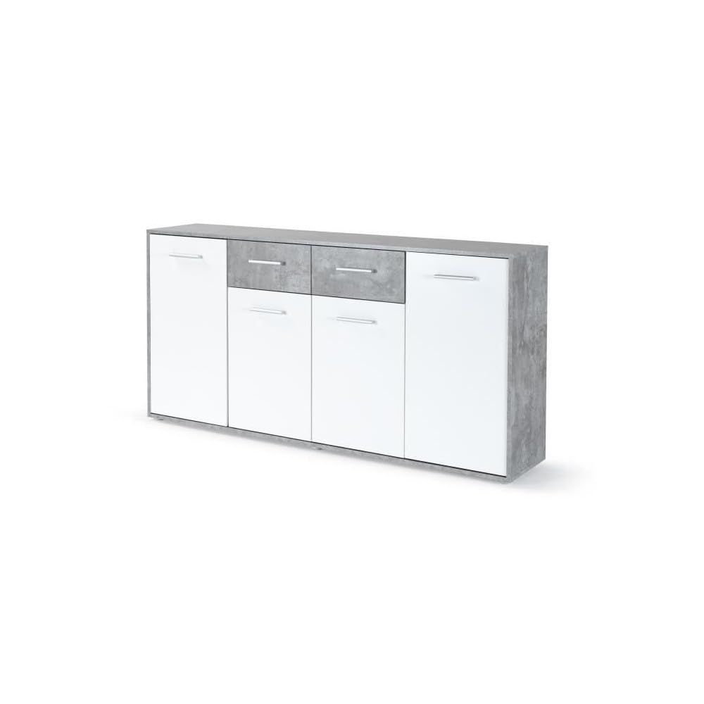 Forte ANTUZA Moderne Kommode 160 170, weißes Sideboard mit 4 Türen und 2 Schubladen, Holzwerkstoff, Betonoptik hellgrau/Weiß, 162,3 cm breit x 88,1 cm hoch x 34,2 cm tief