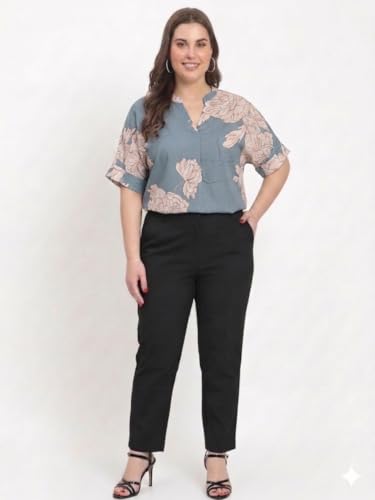 Image of SINDOORI Relaxed Fit Tops for Women Plus Size Solid Printed Mandarin Collar, Band Collar, V-Neck Top, Half Sleeve Loose Fit