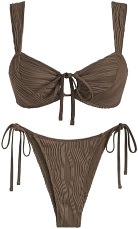 ZAFUL Women's Cinched Bikini Solid Color Wave Textured Knotted Tied Side Two Piece Swimsuit Bathing Suits