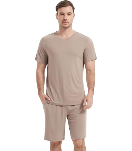 Image of NACHILA Men's Pajamas-Viscose Made from Bamboo, Short Sleeve Top with Shorts Pjs Set V Neck Sleepwear Cool Loungewear
