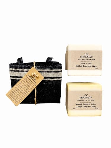 16J Organics - Handmade- Turkish Hammam Spa Bath - Extra Thick Kese Body Scrub Mitt & Artisanal Olive & Laurel Berry Soaps