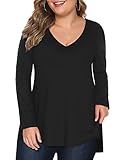 Florboom Summer Clothes Long Sleeve T Shirts Womens Plus Size V Neck Basic Tee Black 3X