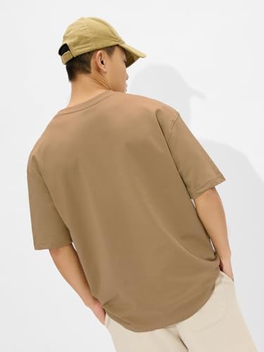 Image of The Souled Store Chai Stamp Men and Boys Short Sleeves Round Neck Brown Graphic Printed Cotton Oversized T-Shirts