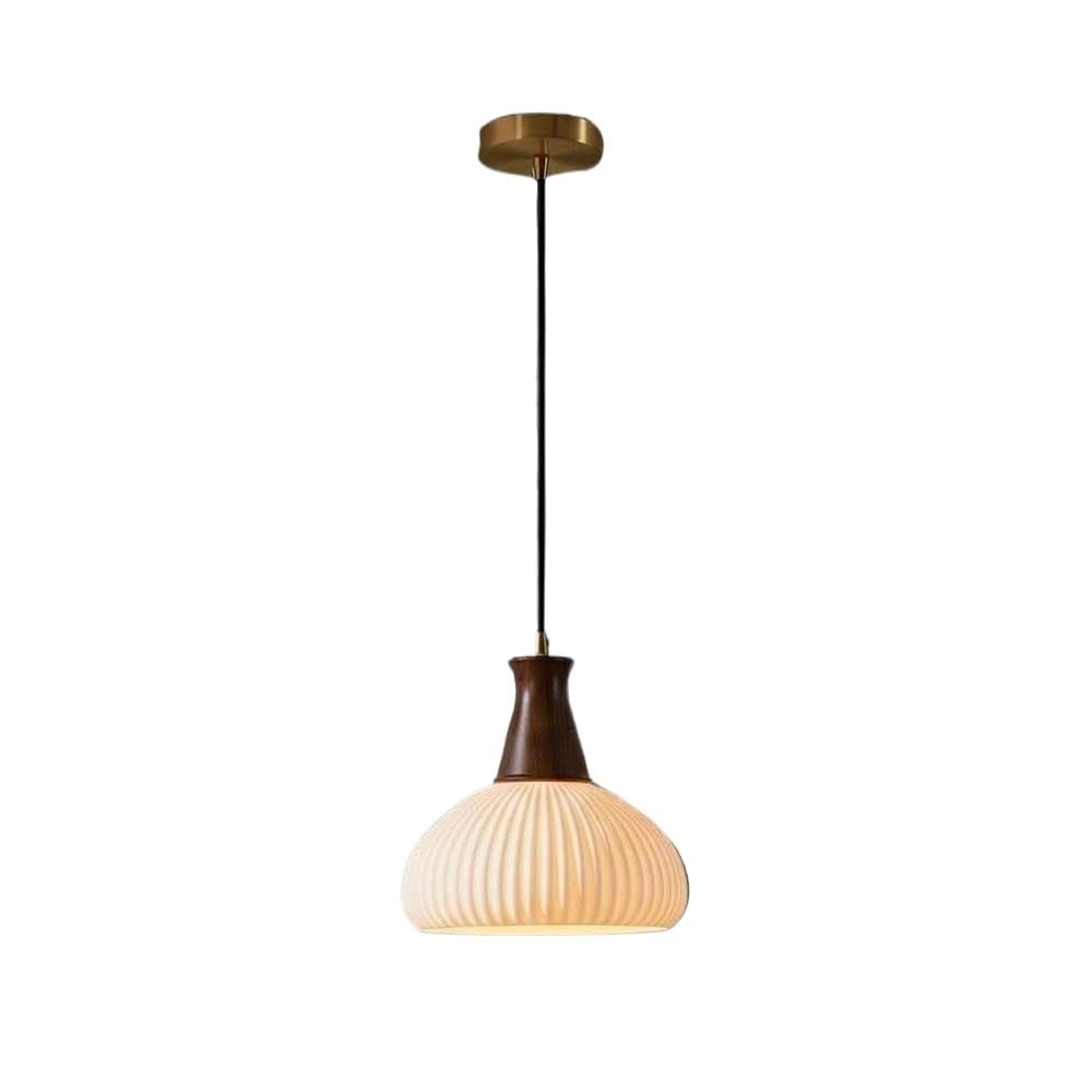 HUAYUSEDF Modern Walnut Wood and Ceramic Pendant Light Fixture Ribbed Porcelain Hanging Lamp for Bedroom Kitchen Island Bar Study Lighting Small Ceiling with Adjustable Cord