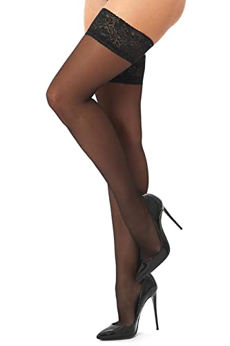Kotek Bas autofixants avec large ceinture en dentelle 20 deniers, Noir , S-M