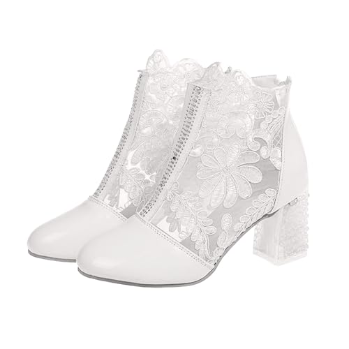 Women's Lace Flowers Chunky High Heels Ankle Boots Round Toe Embroidered Leather Fashion Short Booties with Back Zipper Sexy Fall Boots for Wedding Party Shoes