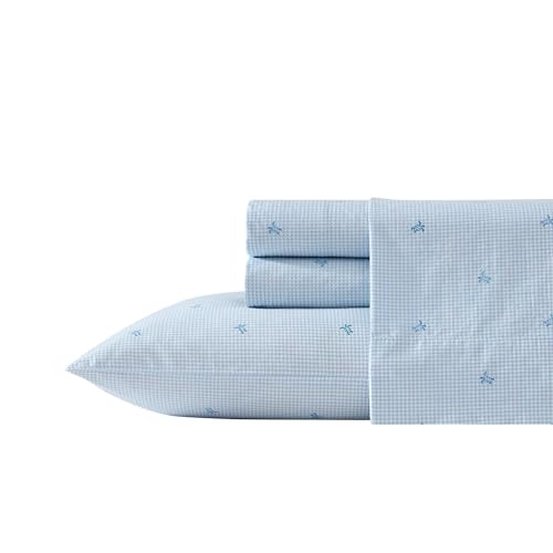 Image of Laura Ashley - Full Size Sheet Set, Soft & Lightweight Cotton Percale Bedding with Matching Pillowcases, Deep Pocket, Coastal Room Decor, College Dorm Room Essentials (Turtle Gingham Blue)