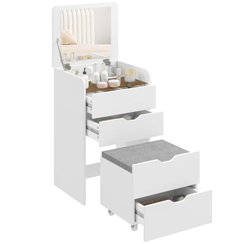 PIANO IN VETRO: Il piano d'appoggio in vetro trasparente del set toilette trucco con sgabello permette una visuale chiara di trucchi e accessori inseriti di sotto, senza dover rovistare nei cassetti
