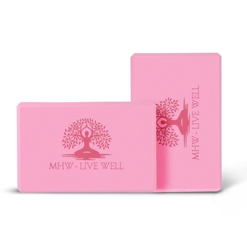 MHW - LIVE WELL EVA Foam Yoga Block, High Density Foam Exercise Blocks - Lightweight Pilates Blocks - 9.06 x 5.91 x 2.95 Inches, 2 Pack, EVA Material - Pink