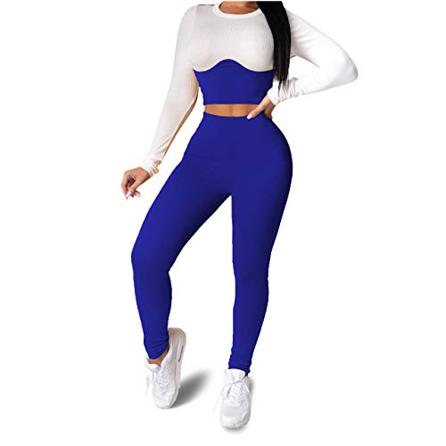 Women's Sexy 2 Piece Outfits Long Sleeve Tops High Waist Pants Tracksuit Sets (Blue, Small)