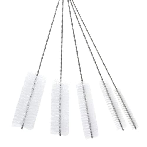 Professional Tube Cleaning Brush Set, White, Large 5 Pc. Kit, Long Deep Cleaning Brushes With Flexible Handles For Bottles, Straws, Pipes, Glass, Guns, And Detailing, Heavy Duty 9.8” Length #TOP6