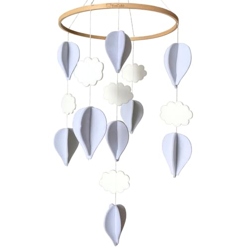 EcoCubs Handmade Baby Crib Mobile | White & Pale Grey | Hot Air Balloons & Clouds | Eco-Friendly Felt & Organic Beech Wood | Gender Neutral Nursery Decor | Simple & Modern Design