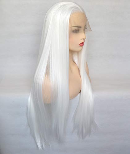 Bluple Long Straight Lace Front Wigs #1001 Platinum White Natural Heat Resistant Synthetic Hair Half Hand Tied Wigs For Cosplay Daily Wear (22 Inches, Straight,White) #TOP2