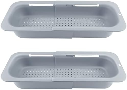 2 Pack Over the Sink Colander Strainer for Kitchen, Sink Strainer Basket Wash Fruits and Vegetables, Extendable Food Strainers and Colanders, Muzpz Pasta Strainer Kitchen Gadgets Home Essentials(Grey)
