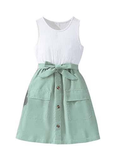 SweatyRocks Girl's Colorblock Sleeveless Dress Ribbed High Waisted A Line Dresses with Belt