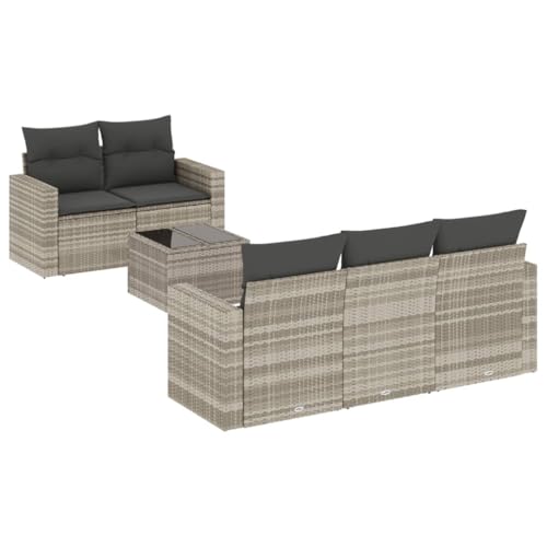 vidaXL Garten Sofa Garnitur 6-TLG., Gartenmöbel Set mit Kissen Stauraum, Sitzgruppe für Garten Terrasse, Modular Gartensofa Lounge, Tisch mit Glasplatte, Hellgrau Poly Rattan
