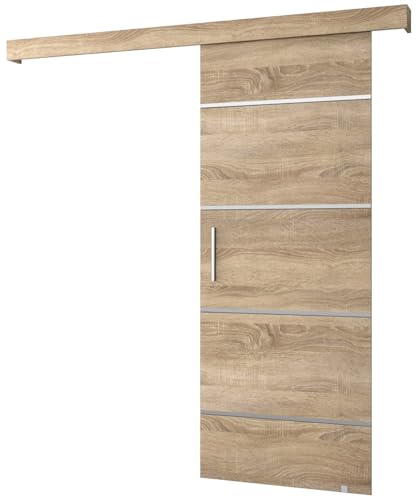 MEBLE KRYSPOL Salwador 4 Schiebetürsystem mit Schienenabdeckung - Zierstreifen - Wandschiebetüren für Innenräume - Loftartige Einbautüren - Solide Konstruktion - 90 x 204 cm - Sonoma