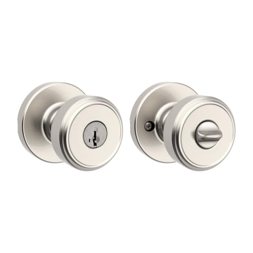 Image of Kwikset Maven Front Door Knob with Lock and Key, SmartKey, Satin Nickel