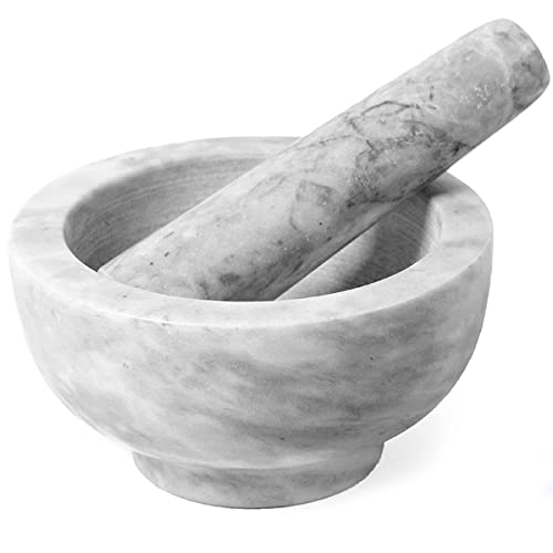Juego de Mortero con Maja, Molcajete Mármol Natural Duradero, Triturador Manual de Piedra para Moler Machacar, Ideal para Moler Especias y Hierbas - Altura 6 cm, Diámetro 11 cm