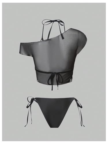 MakeMeChic Women's 3 Piece Floral Print Halter Triangle Tie Back Bikini Set with Ruched Cover Up Tops3