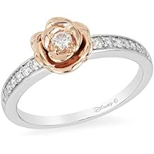 Jewelili Enchanted Disney Fine Jewelry Sterling Silver and 10K Rose Gold 1/5 Cttw Diamond Belle Rose Ring
