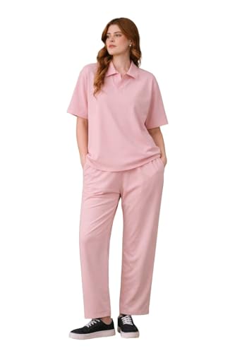 Image of Kvetoo Women Solid Tracksuit Set Cotton Lounge Wear Set Half Sleeve Polo T-Shirt & Straight Pant Casual Travel Outfit