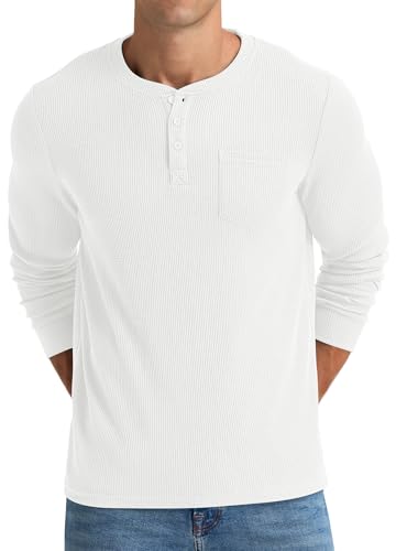 NITAGUT Mens Waffle Henley Shirts Long Sleeve T Shirts Casual T-Shirt with Pocket,White, Large
