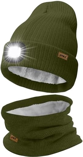 ATNKE LED Gorro con Luz y Bufanda Traje, USB Recargable 4 LED Luz Gorra para Correr Brillante Invierno Cálido Vellón Forro Cuello Polainas y Punto Gorro Regalos para Hombre y Mujer/Army Green | Ya disponible en tu tienda friki favorita! En mundofriki.es!
