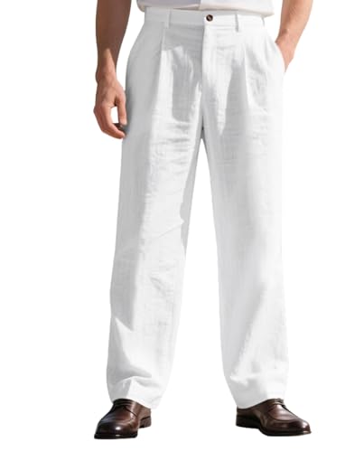 Mens Linen Pants Loose Fit Straight Leg Summer Lightweight Breathable Casual Dress Trousers with Pleats
