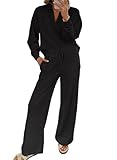 Picture of EVALESS Two Piece Sets for Women Fall 2025 Lounge Sets Casual Long Sleeve V Neck Sweatshirt and Wide Leg Sweatpants Sweatsuit Matching Sets Women Outfits Clothing Black Large